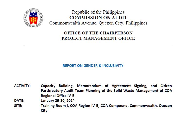 Report: Gender and Inclusivity – CPA on Solid Waste Management of the COA Regional Office IV-B (2024)